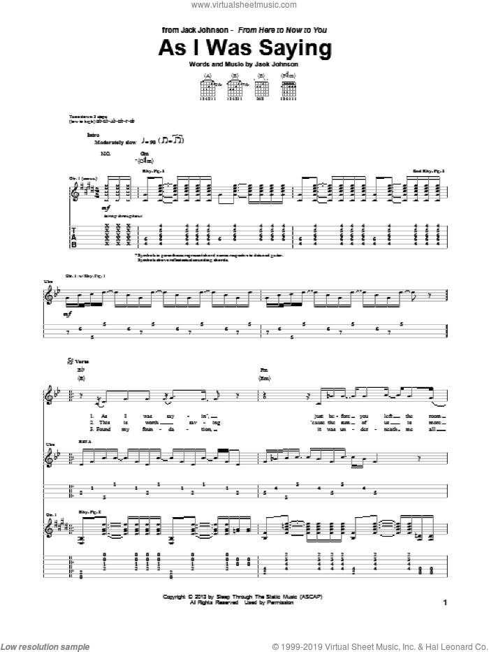 As I Was Saying sheet music for guitar (tablature) by Jack Johnson, intermediate skill level