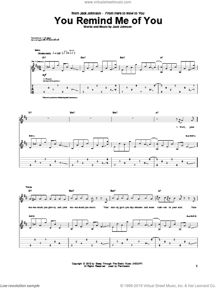 You Remind Me Of You sheet music for guitar (tablature) by Jack Johnson, intermediate skill level