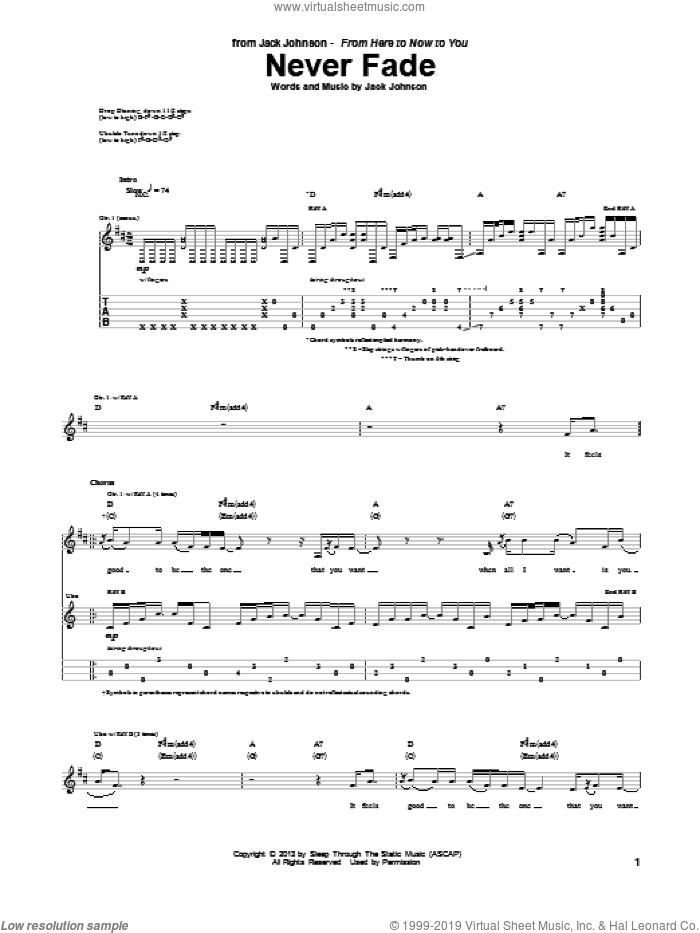 Never Fade sheet music for guitar (tablature) by Jack Johnson, intermediate skill level