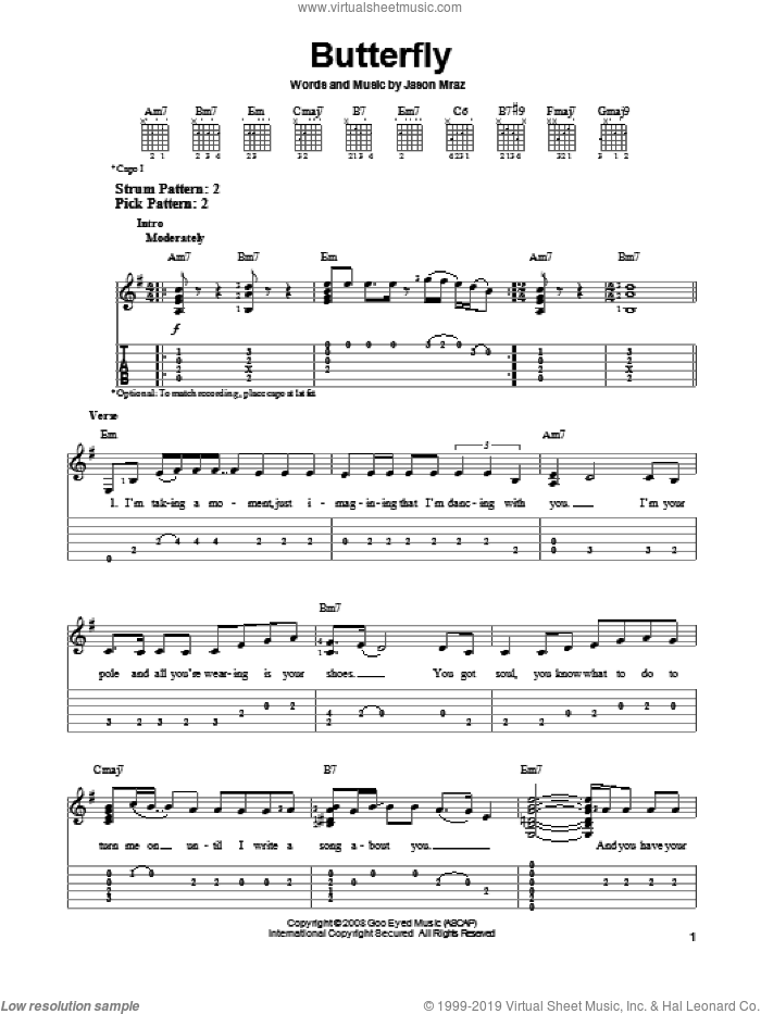 Butterfly sheet music for guitar solo (easy tablature) by Jason Mraz, easy guitar (easy tablature)