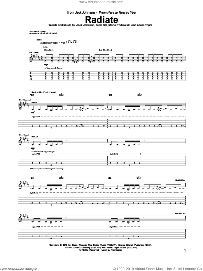 Radiate sheet music for guitar (tablature) by Jack Johnson, intermediate skill level