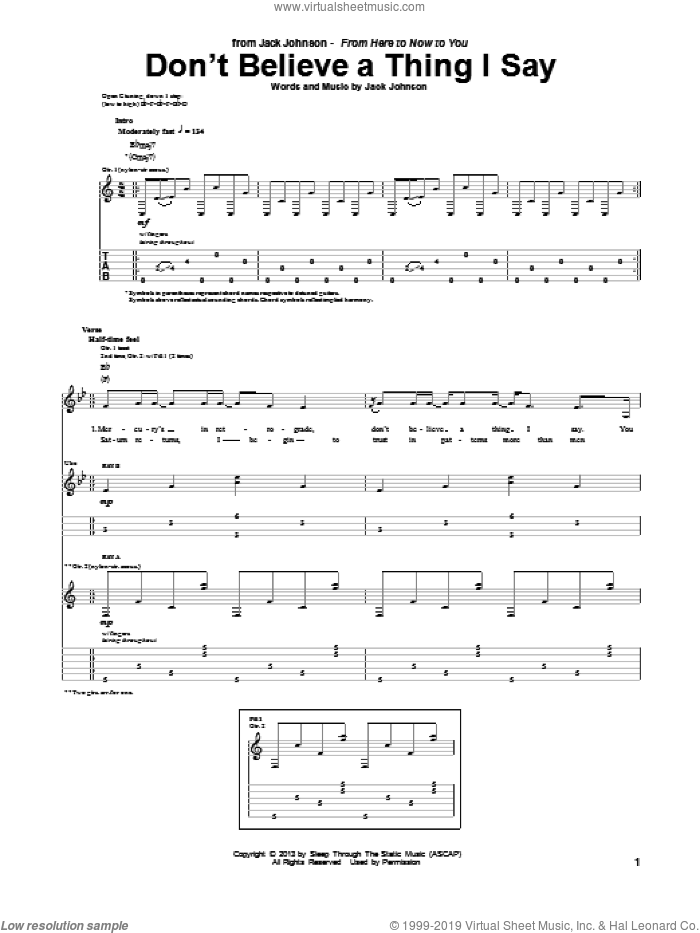 Don't Believe A Thing I Say sheet music for guitar (tablature) by Jack Johnson, intermediate skill level