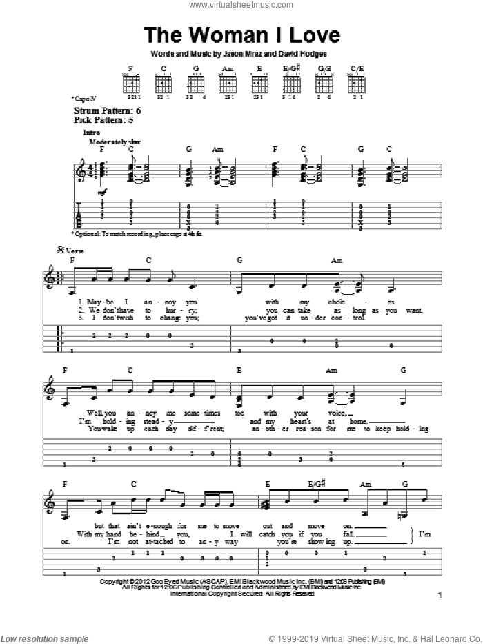The Woman I Love sheet music for guitar solo (easy tablature) by Jason Mraz, easy guitar (easy tablature)