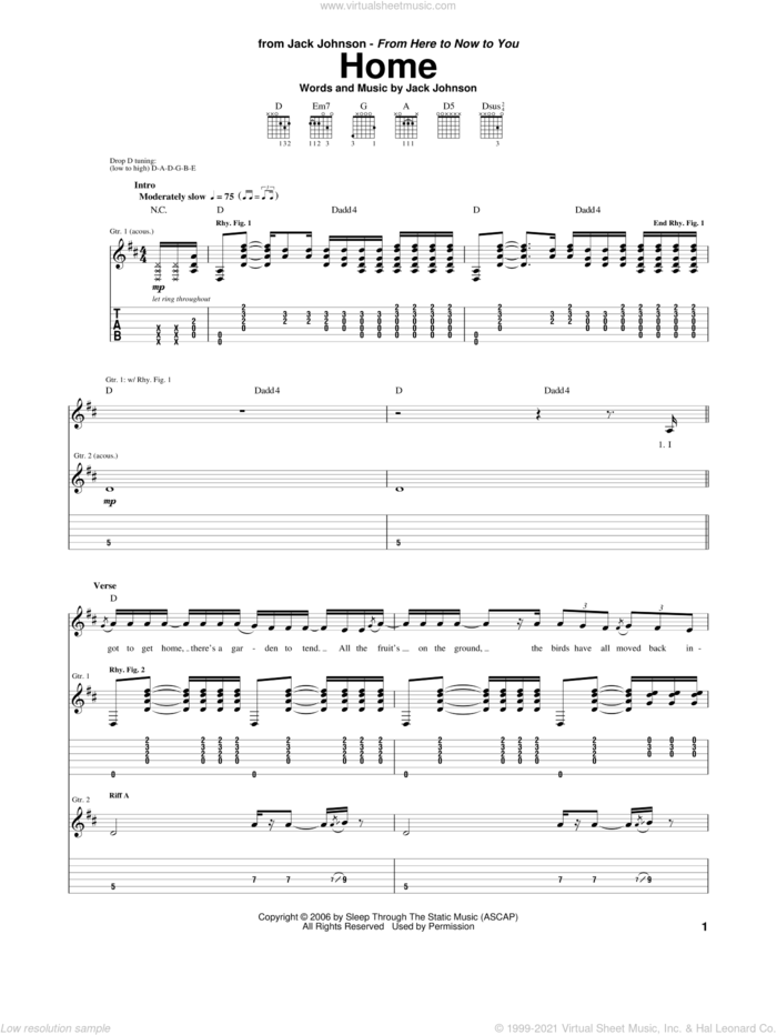Home sheet music for guitar (tablature) by Jack Johnson, intermediate skill level