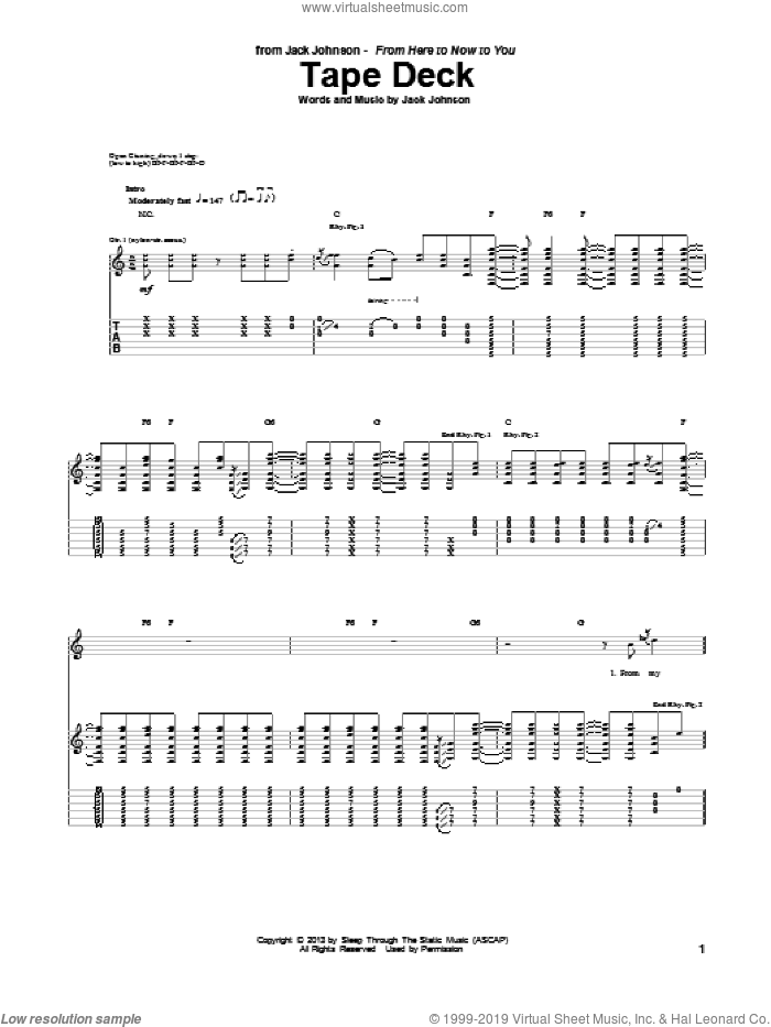 Tape Deck sheet music for guitar (tablature) by Jack Johnson, intermediate skill level