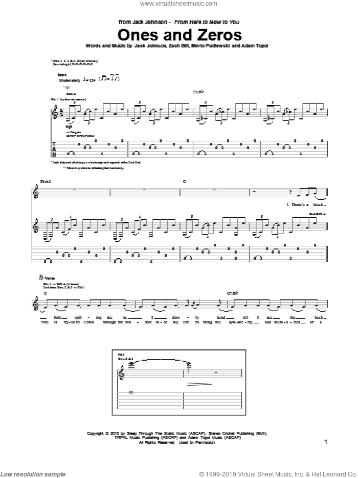 Ones And Zeros sheet music for guitar (tablature) by Jack Johnson, intermediate skill level