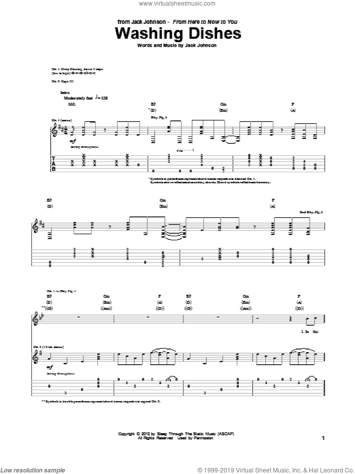 Washing Dishes sheet music for guitar (tablature) by Jack Johnson, intermediate skill level