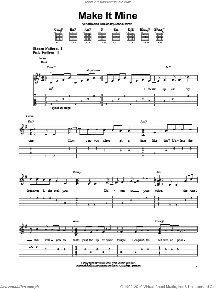 Make It Mine sheet music for guitar solo (easy tablature) by Jason Mraz, easy guitar (easy tablature)