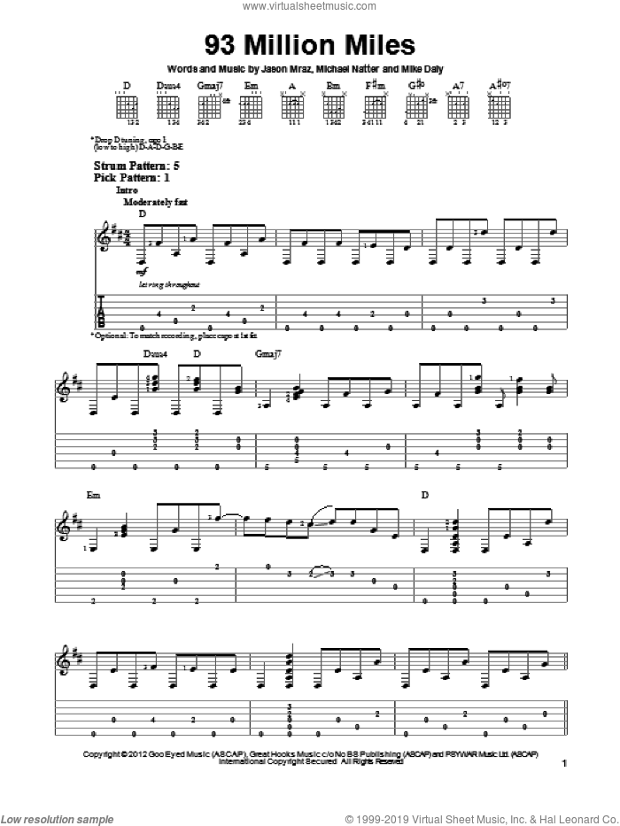93 Million Miles sheet music for guitar solo (easy tablature) by Jason Mraz, easy guitar (easy tablature)
