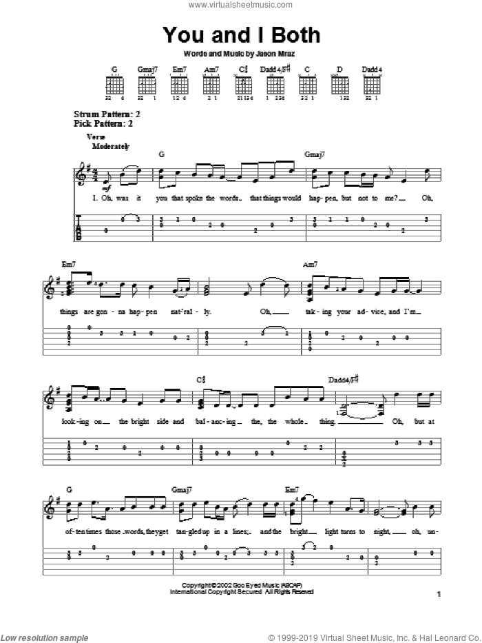 You and I Both sheet music for guitar solo (easy tablature) by Jason Mraz, easy guitar (easy tablature)