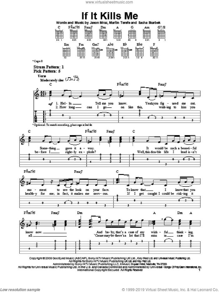If It Kills Me sheet music for guitar solo (easy tablature) by Jason Mraz, easy guitar (easy tablature)
