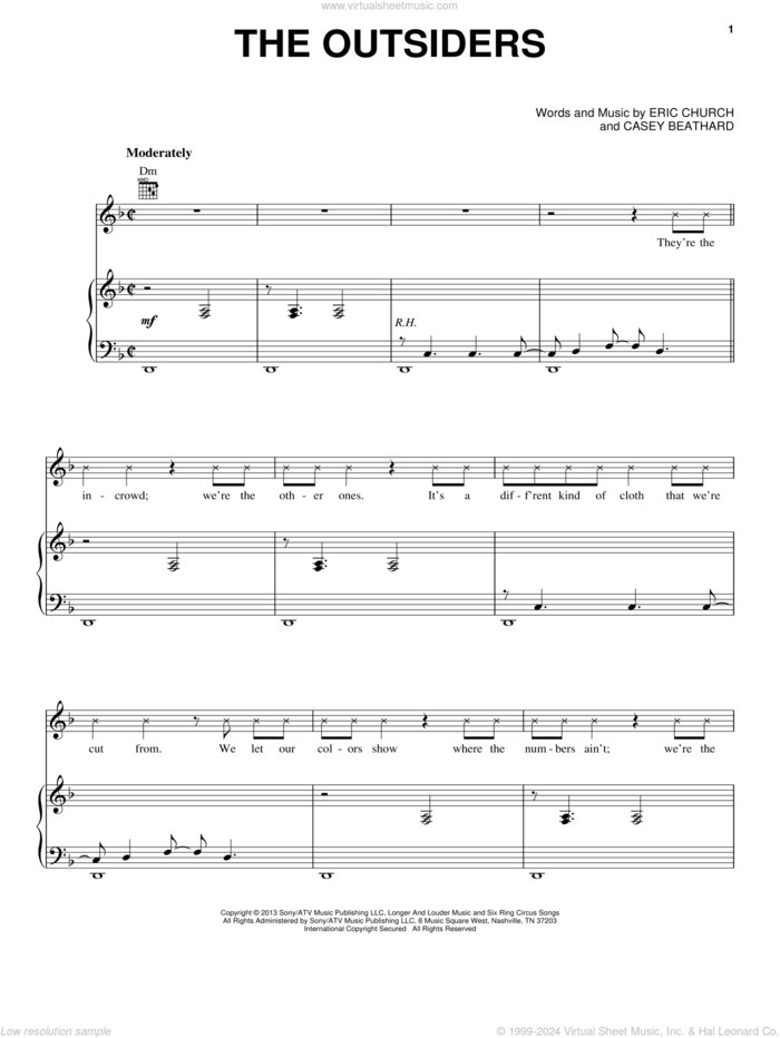 The Outsiders sheet music for voice, piano or guitar by Eric Church, intermediate skill level