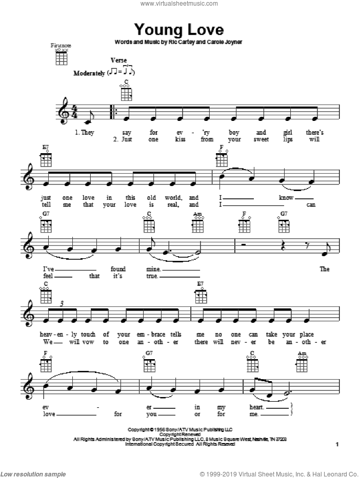 Young Love sheet music for ukulele by Sonny James and Tab Hunter, intermediate skill level