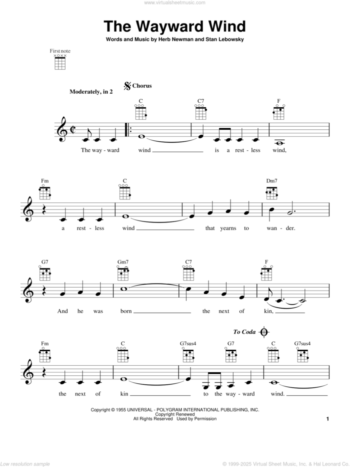 The Wayward Wind (from The Daily Ukulele) sheet music for ukulele by Patsy Cline and Tex Ritter, intermediate skill level