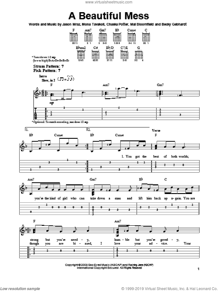 A Beautiful Mess sheet music for guitar solo (easy tablature) by Jason Mraz, easy guitar (easy tablature)