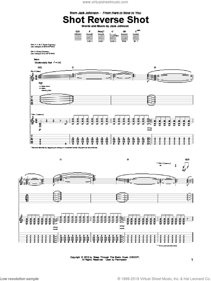 Shot Reverse Shot sheet music for guitar (tablature) by Jack Johnson, intermediate skill level