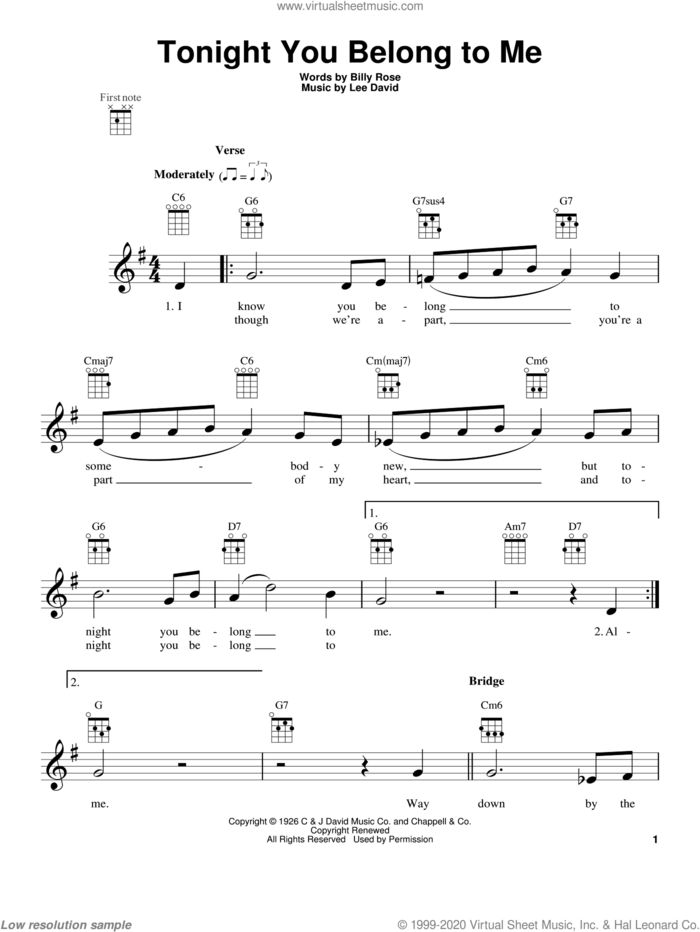 Tonight You Belong To Me sheet music for ukulele by Patience & Prudence, intermediate skill level