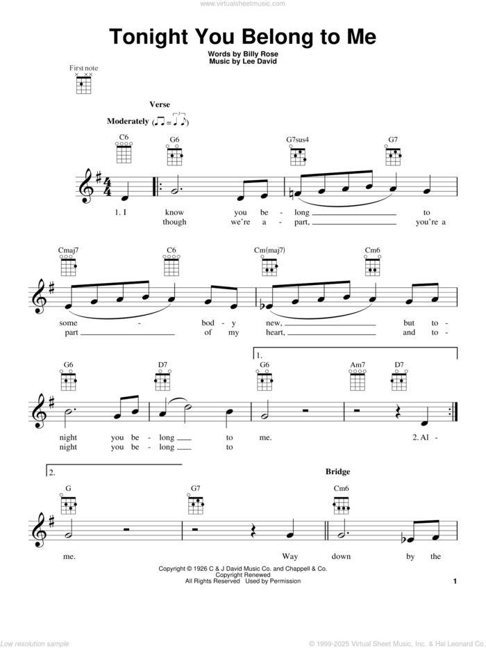 Tonight You Belong To Me sheet music for ukulele by Patience & Prudence, intermediate skill level