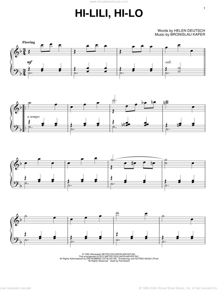 Hi-Lili, Hi-Lo sheet music for piano solo by Bronislau Kaper and Helen Deutsch, intermediate skill level