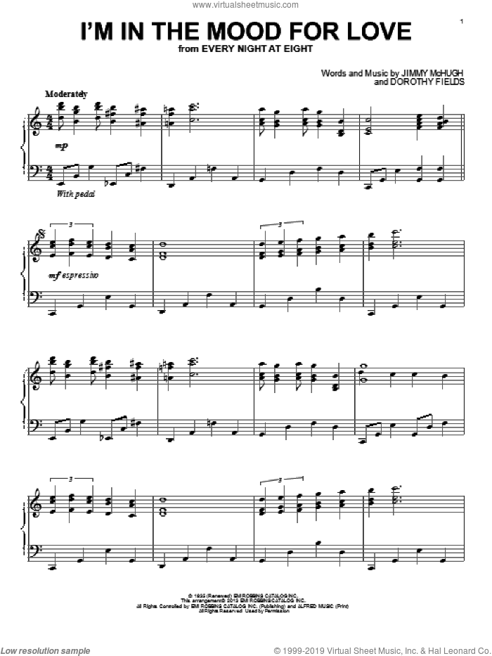 I'm In The Mood For Love sheet music for piano solo by Dorothy Fields and Jimmy McHugh, intermediate skill level