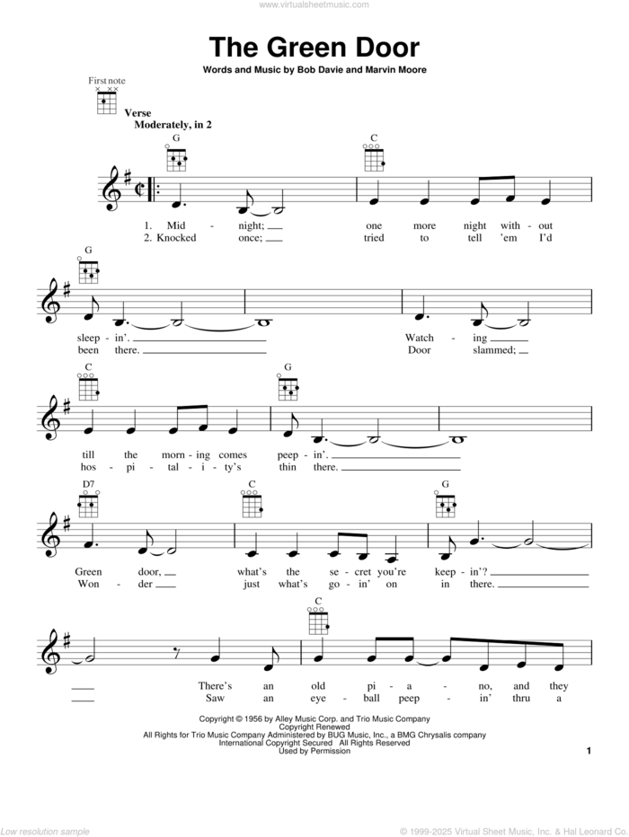 The Green Door sheet music for ukulele by Jim Lowe, intermediate skill level