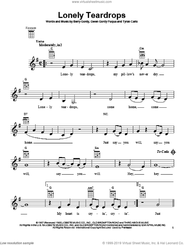 Lonely Teardrops sheet music for ukulele by Jackie Wilson, intermediate skill level
