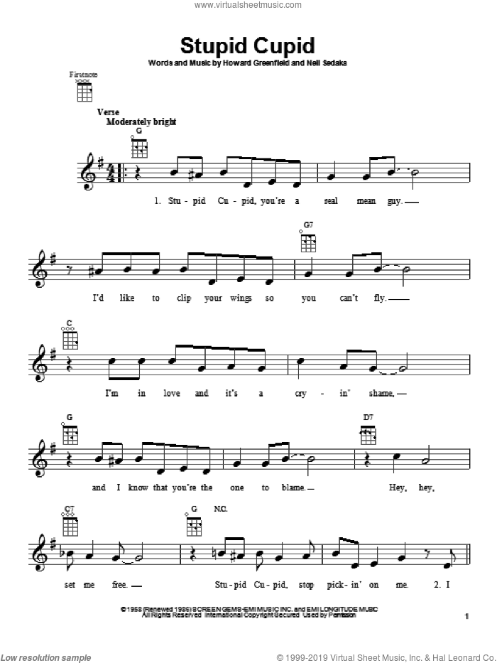 Stupid Cupid sheet music for ukulele by Connie Francis and Neil Sedaka, intermediate skill level