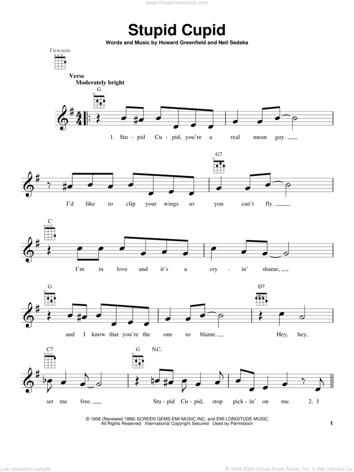 Stupid Cupid sheet music for ukulele by Connie Francis and Neil Sedaka, intermediate skill level