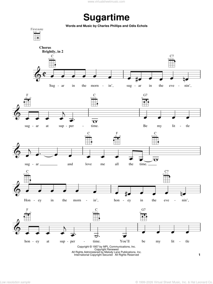 Sugartime sheet music for ukulele by The McGuire Sisters, intermediate skill level
