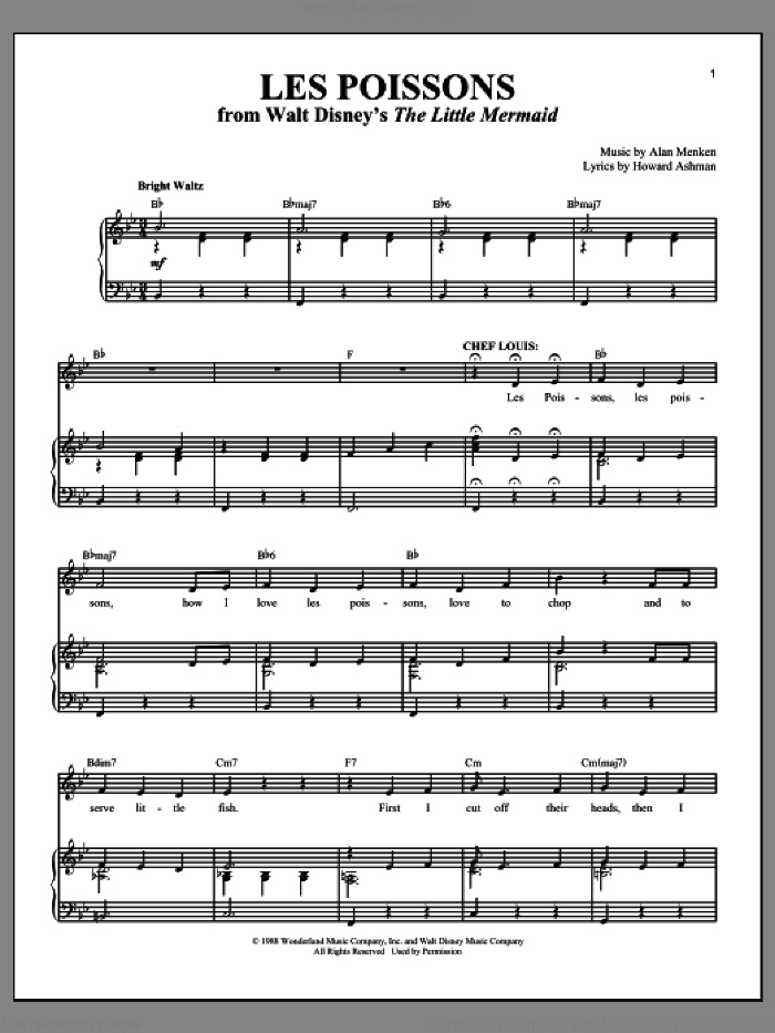 Les Poissons (from The Little Mermaid) sheet music for voice and piano by Howard Ashman and Alan Menken, intermediate skill level