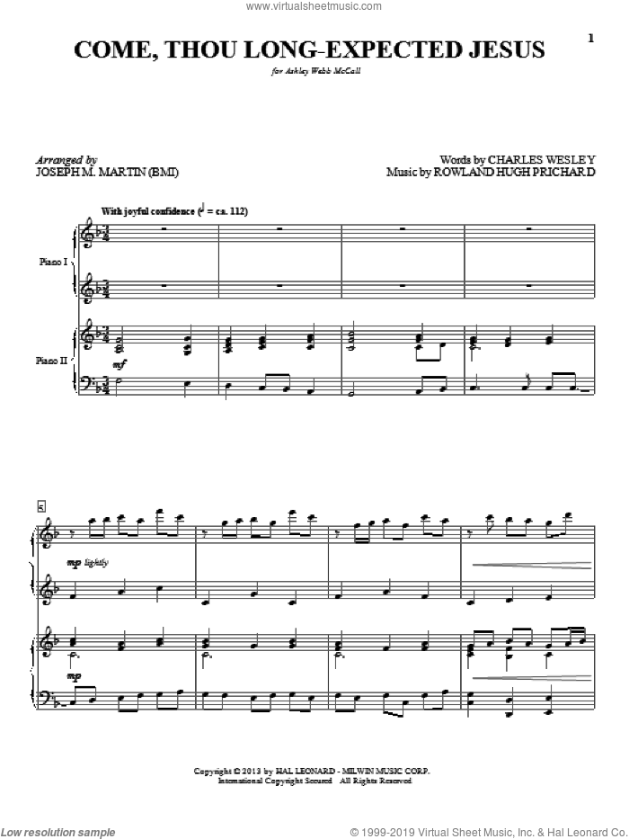 Come, Thou Long-Expected Jesus sheet music for piano four hands by Joseph M. Martin, intermediate skill level