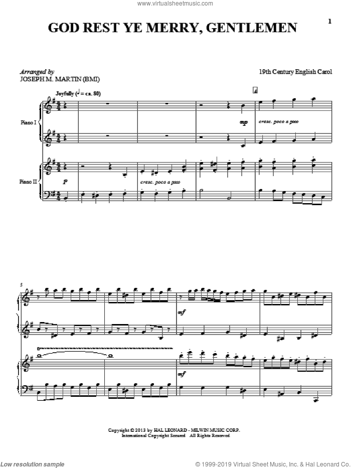 God Rest Ye Merry, Gentlemen sheet music for piano four hands by Joseph M. Martin, intermediate skill level