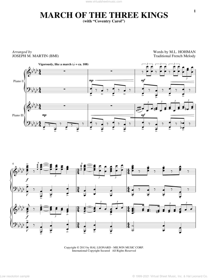 March Of The Three Kings sheet music for piano four hands by Joseph M. Martin, intermediate skill level