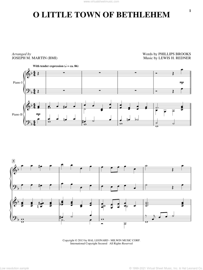 O Little Town Of Bethlehem sheet music for piano four hands by Joseph M. Martin, intermediate skill level