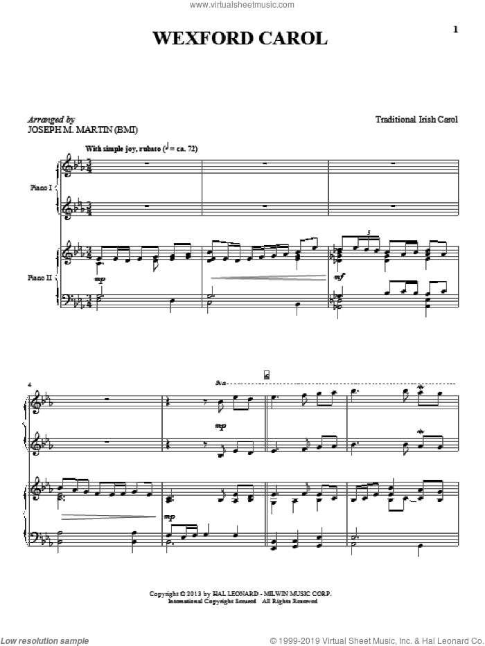 Wexford Carol sheet music for piano four hands by Joseph M. Martin, intermediate skill level