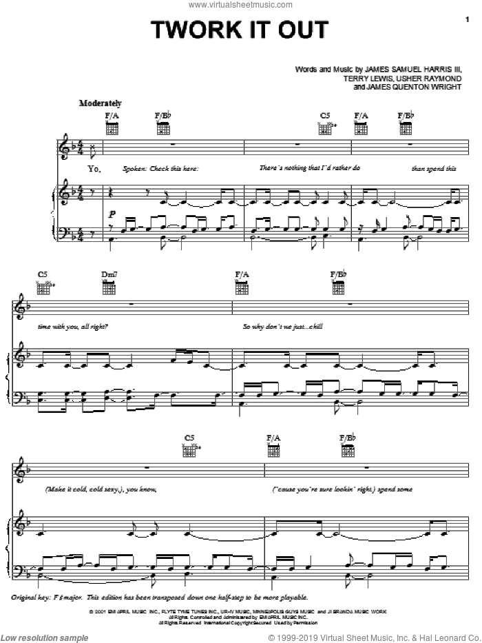 Twork It Out sheet music for voice, piano or guitar by Gary Usher, James Quenton Wright, James Samuel Harris III and Terry Lewis, intermediate skill level
