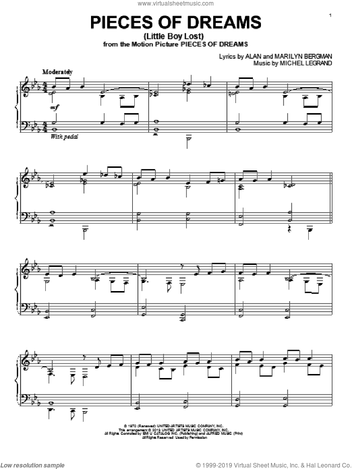 Pieces Of Dreams (Little Boy Lost) sheet music for piano solo by Michel LeGrand, Alan Bergman and Marilyn Bergman, intermediate skill level