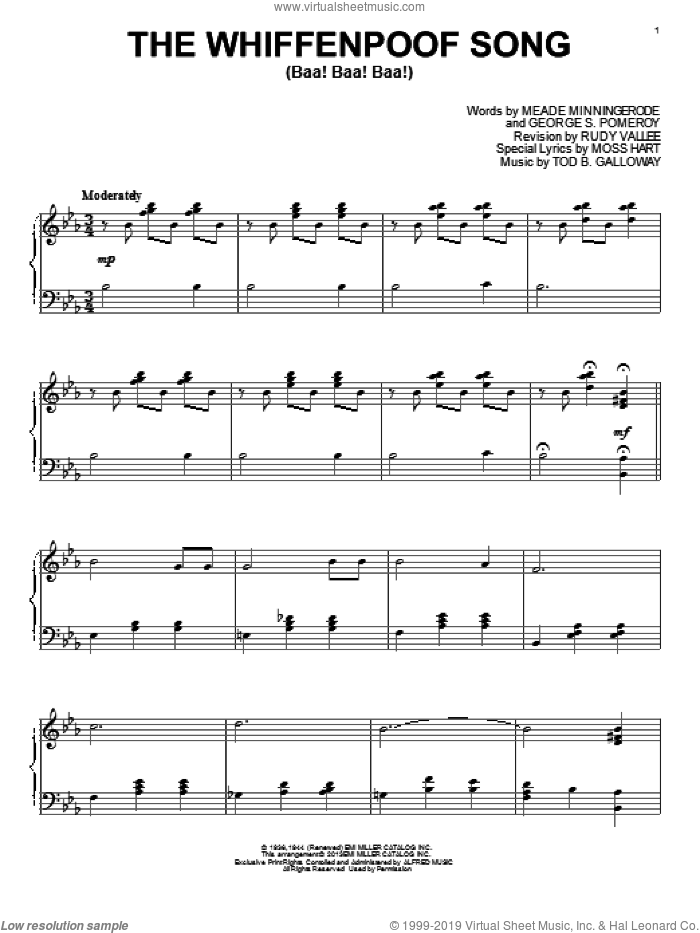 The Whiffenpoof Song (Baa! Baa! Baa!) sheet music for piano solo by Rudy Vallee, George S. Pomeroy, Meade Minningerode, Moss Hart and Tod B. Galloway, classical score, intermediate skill level