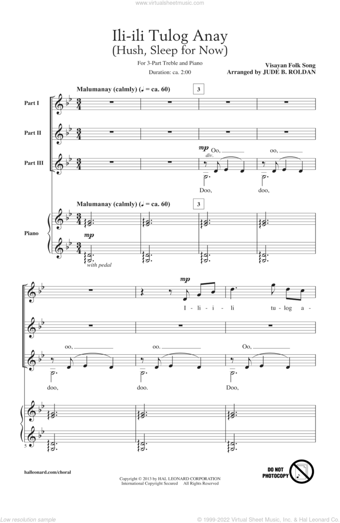 Ili-Ili Tulog Anay sheet music for choir (3-Part Treble) by Jude Roldan, intermediate skill level