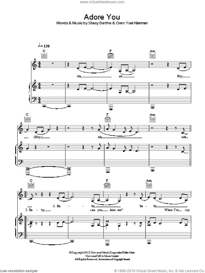 Adore You sheet music for voice, piano or guitar by Miley Cyrus, Oren Yoel Kleinman and Stacy Barthe, intermediate skill level