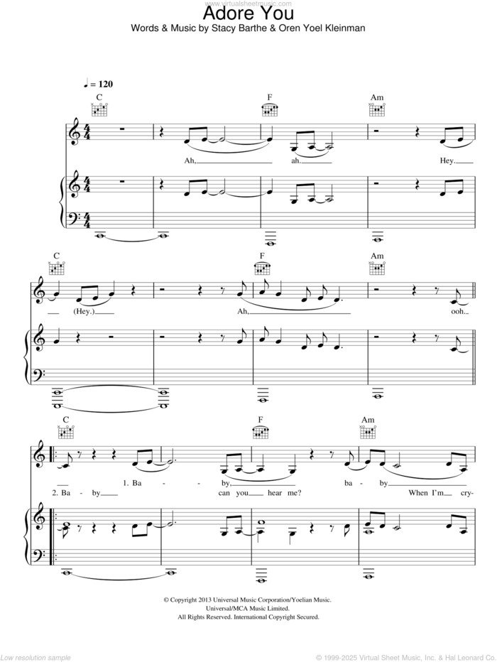 Adore You sheet music for voice, piano or guitar by Miley Cyrus, Oren Yoel Kleinman and Stacy Barthe, intermediate skill level