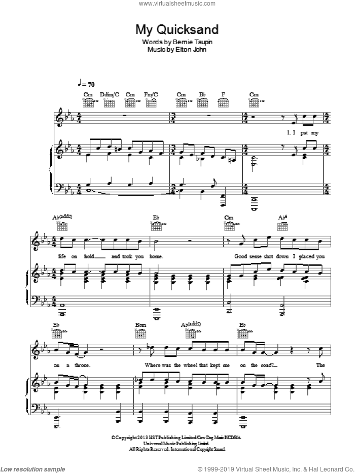 My Quicksand sheet music for voice, piano or guitar by Elton John and Bernie Taupin, intermediate skill level