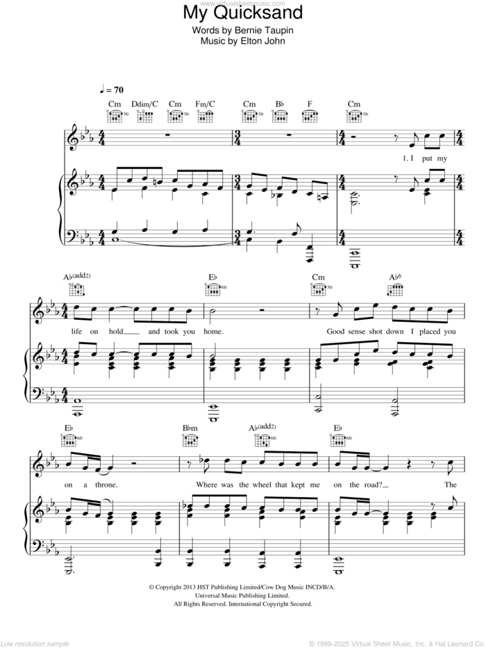 My Quicksand sheet music for voice, piano or guitar by Elton John and Bernie Taupin, intermediate skill level