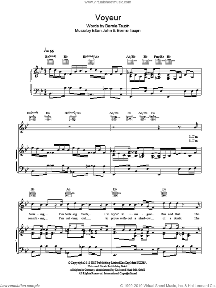 Voyeur sheet music for voice, piano or guitar by Elton John and Bernie Taupin, intermediate skill level