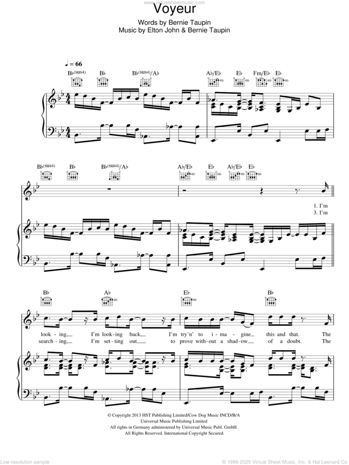 Voyeur sheet music for voice, piano or guitar by Elton John and Bernie Taupin, intermediate skill level
