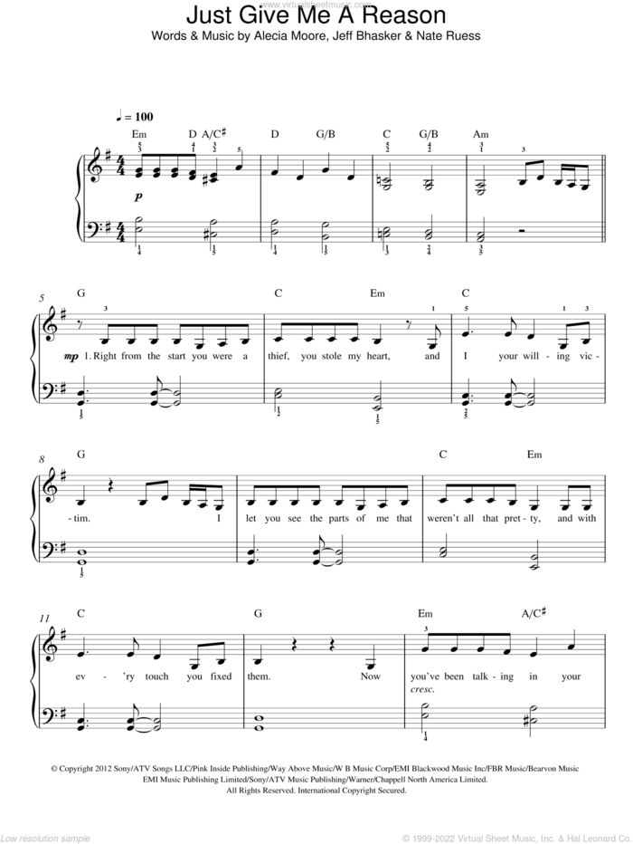 Just Give Me A Reason, (easy) sheet music for piano solo by Jeff Bhasker, Miscellaneous, Alecia Moore and Nate Ruess, easy skill level