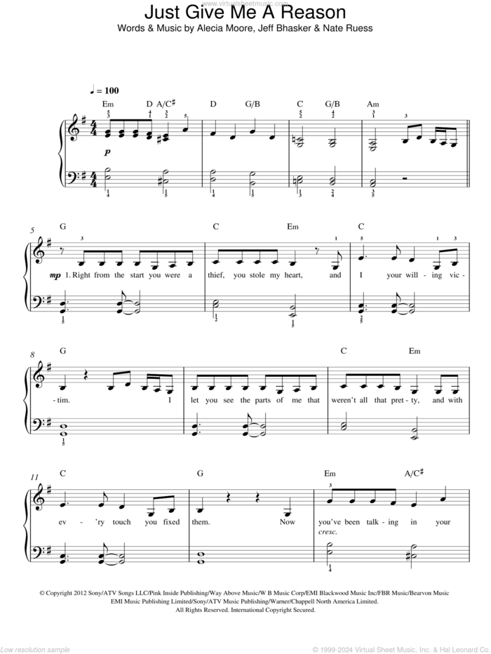 Just Give Me A Reason, (easy) sheet music for piano solo by Jeff Bhasker, Miscellaneous, P!nk, Alecia Moore and Nate Ruess, easy skill level