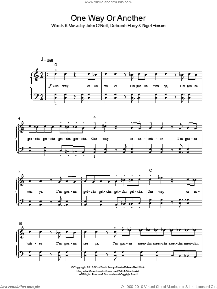 One Way Or Another (Teenage Kicks) sheet music for piano solo by One Direction, Deborah Harry and Nigel Harrison, easy skill level