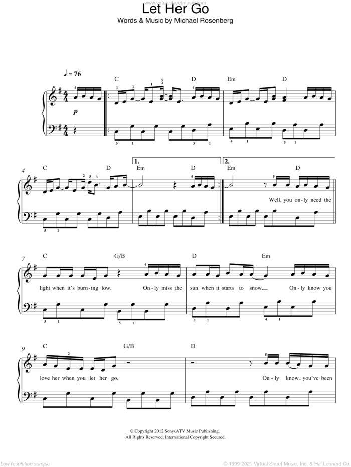 Let Her Go, (easy) sheet music for piano solo by Passenger and Michael Rosenberg, easy skill level