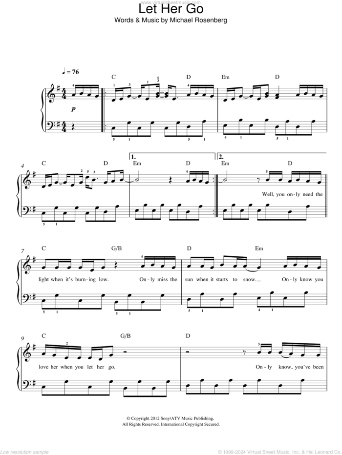 Let Her Go, (easy) sheet music for piano solo by Passenger and Michael Rosenberg, easy skill level